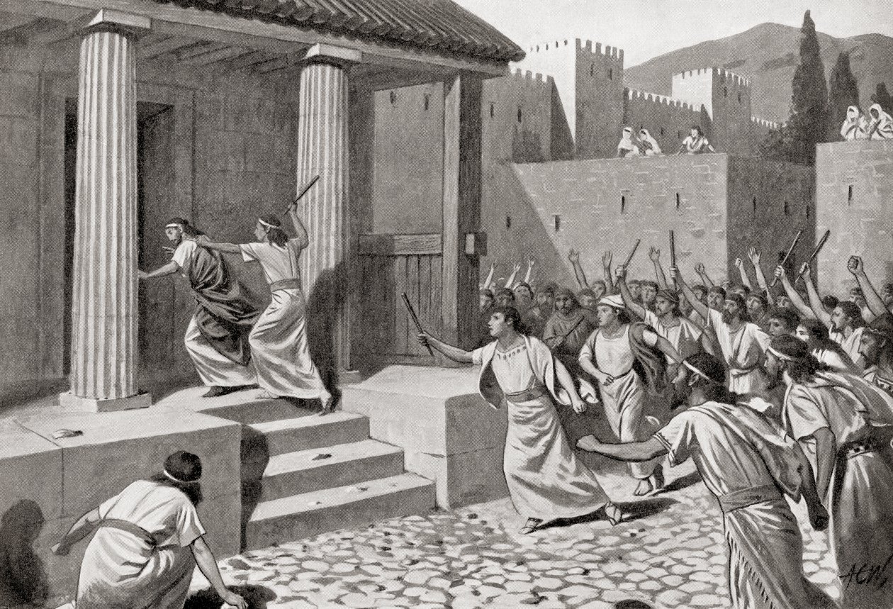 Alcander, een jonge man uit Sparta, valt Lycurgus aan, uit Hutchinson