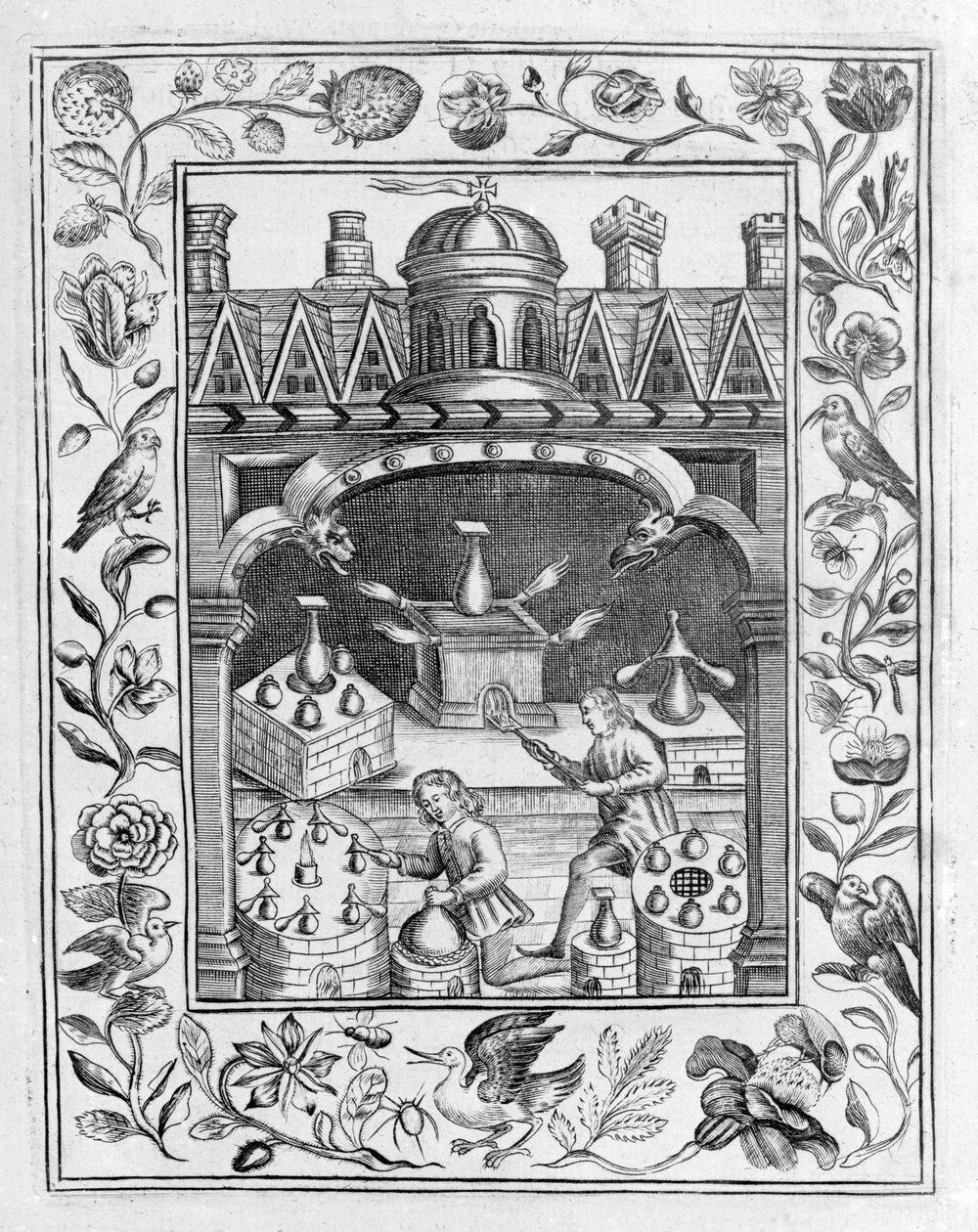 Alchemisch laboratorium met verschillende soorten ovens en vaten, uit Theatrum Chemicum Britannicum door Elias Ashmole, 1652 door English School
