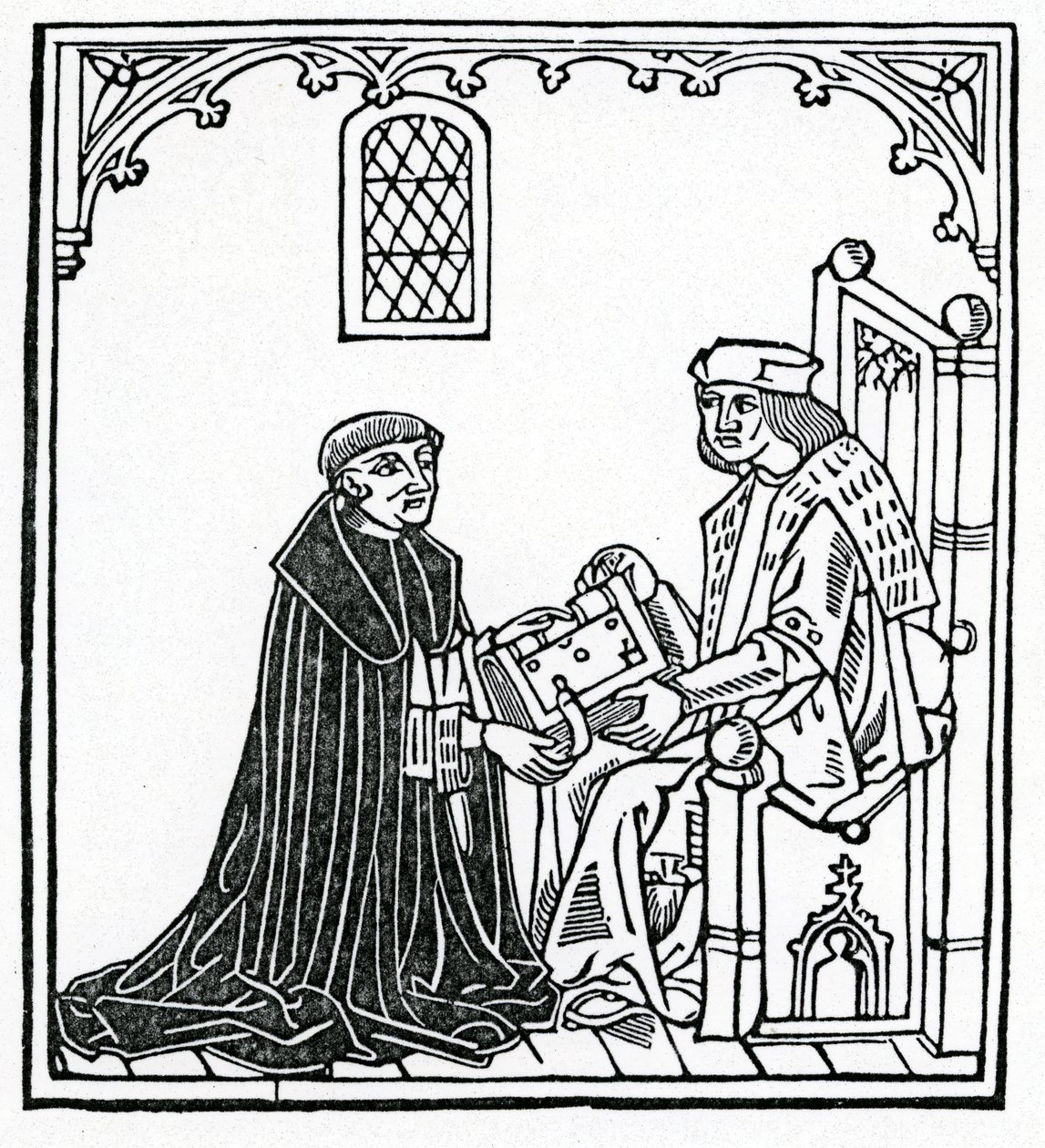 Alexander Barclay presenteert zijn boek aan zijn beschermheer Thomas Cornish, frontispice van de Engelse vertaling van 