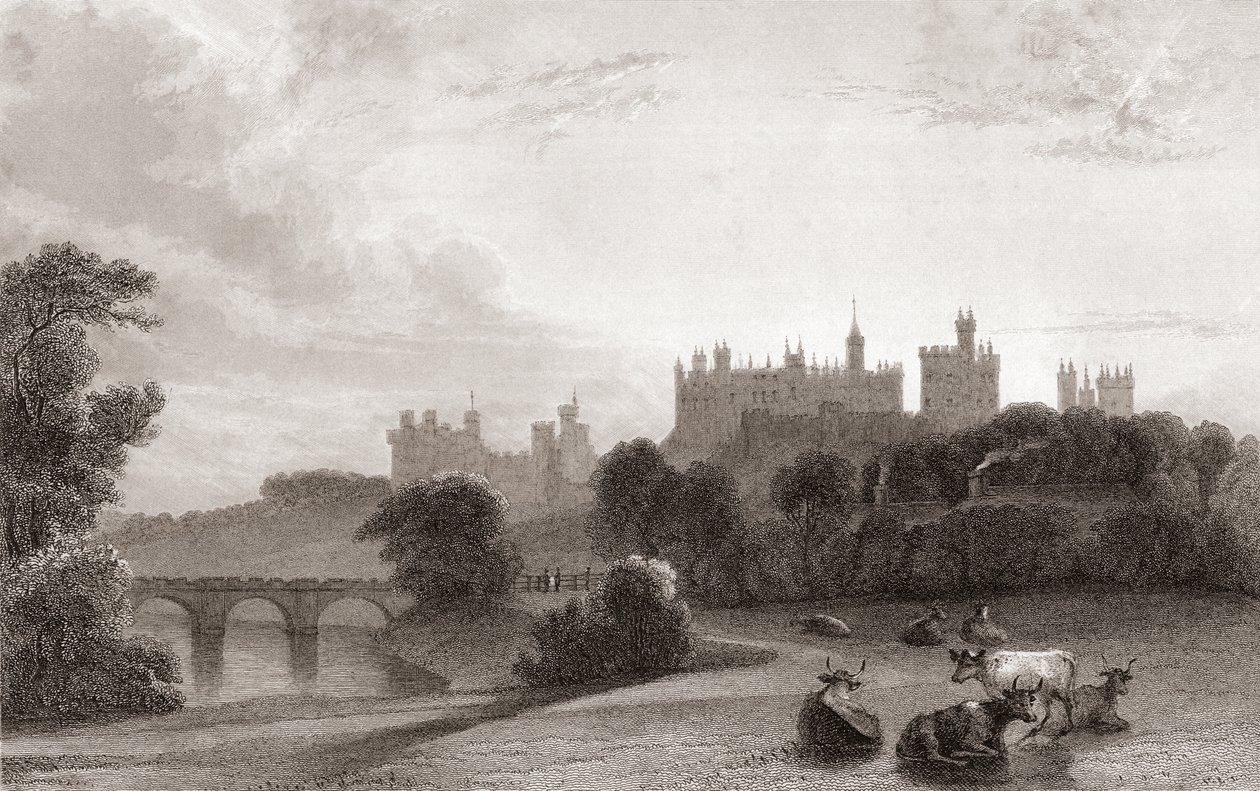 Alnwick Castle, Alnwick, Northumberland, Engeland, begin 19e eeuw. Gebruikt als locatie in Harry Potter-films. Uit Churton