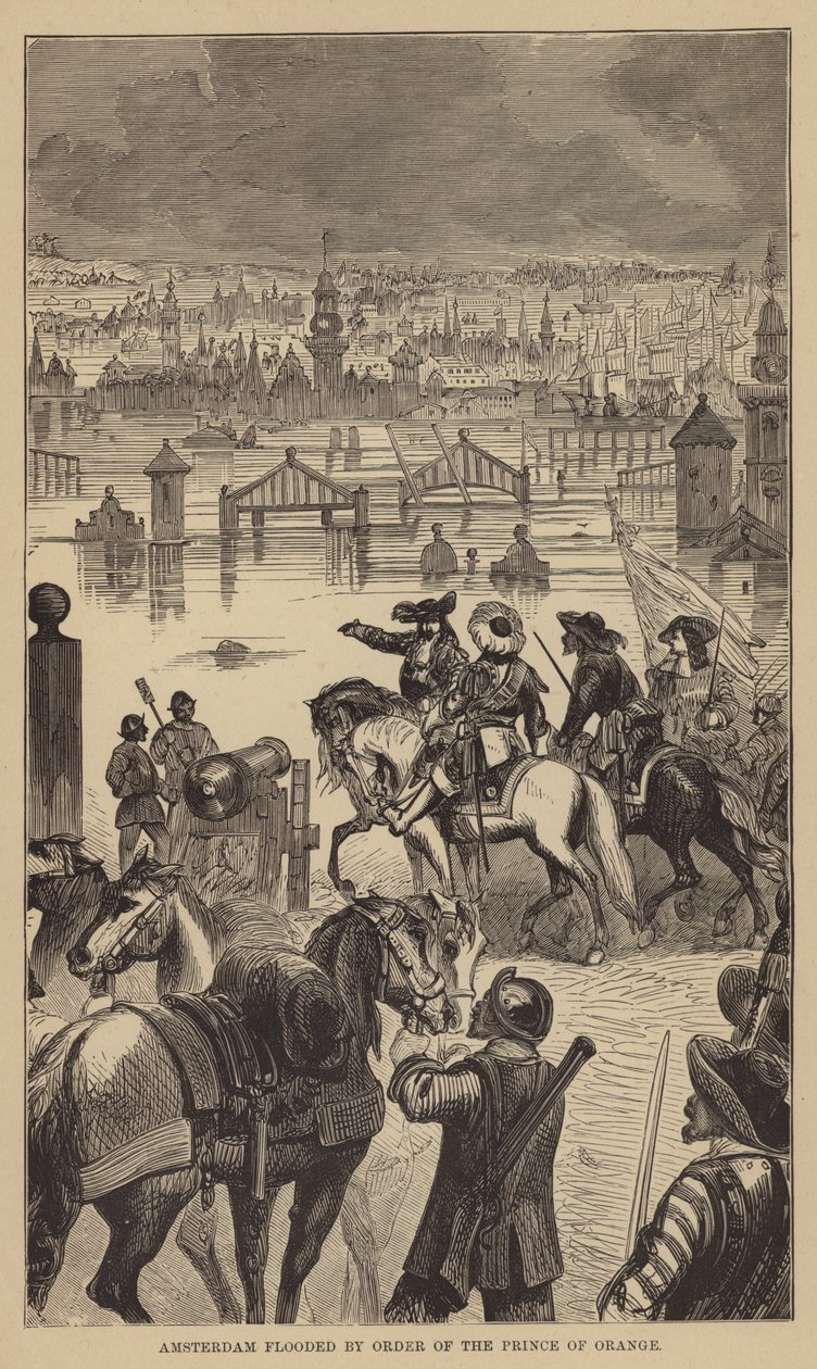 Amsterdam onder water gezet in opdracht van de Prins van Oranje (gravure) door English School