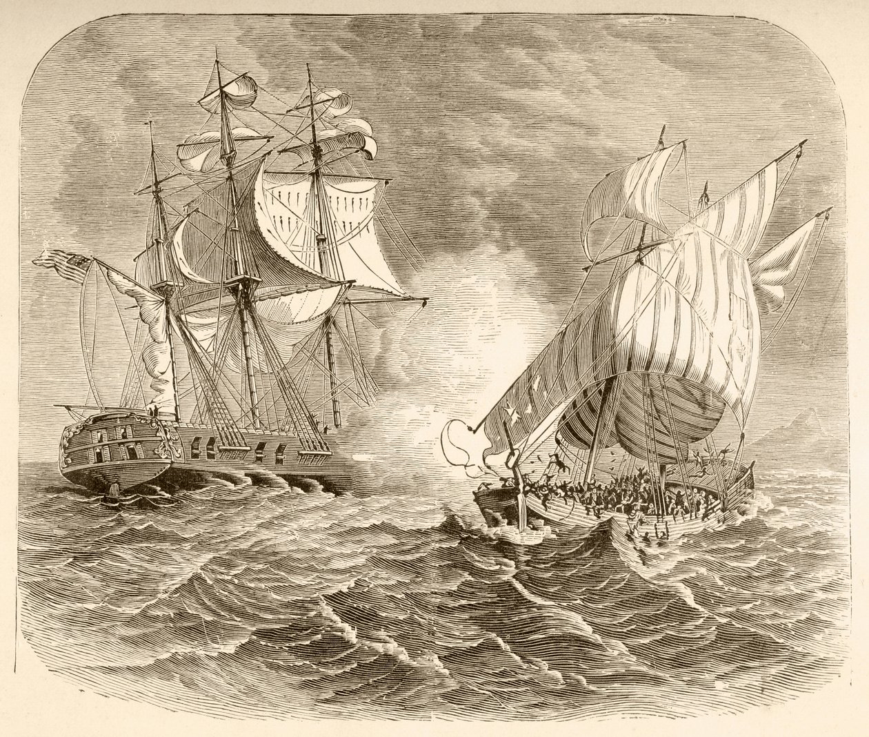 Een Amerikaans marineschip vangt een Algerijns piratenschip voor de kust van Barbarije tijdens de Eerste Barbarijse Oorlog door English School