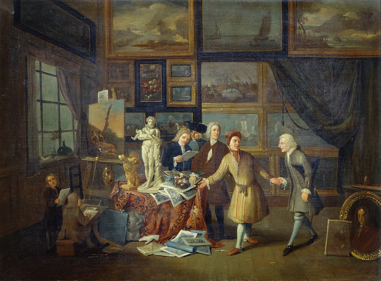 Het atelier van een kunstenaar, ca.1730 (olieverf op doek) door English School