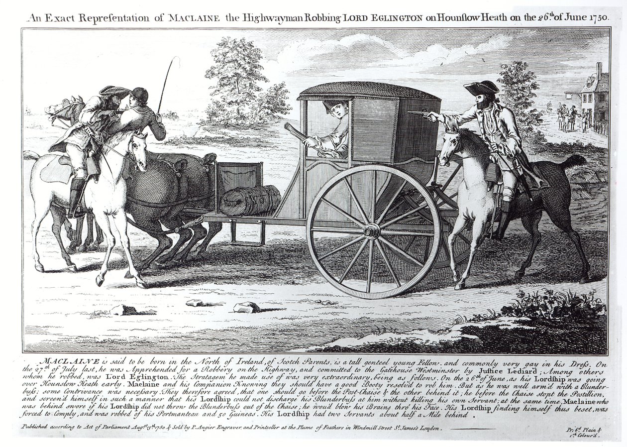 Een exacte weergave van Maclaine de struikrover die Lord Eglington berooft op Hounslow Heath op 26 juni 1750 door English School