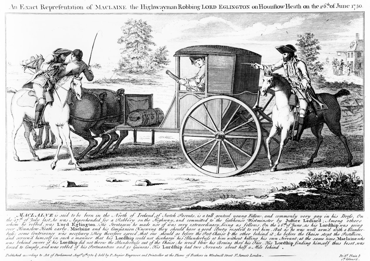 Een exacte weergave van Maclaine de Snelwegman die Lord Eglington berooft op Hounslow Heath op 26 juni 1750, prent gemaakt door Charles Mosley, 1750 door English School