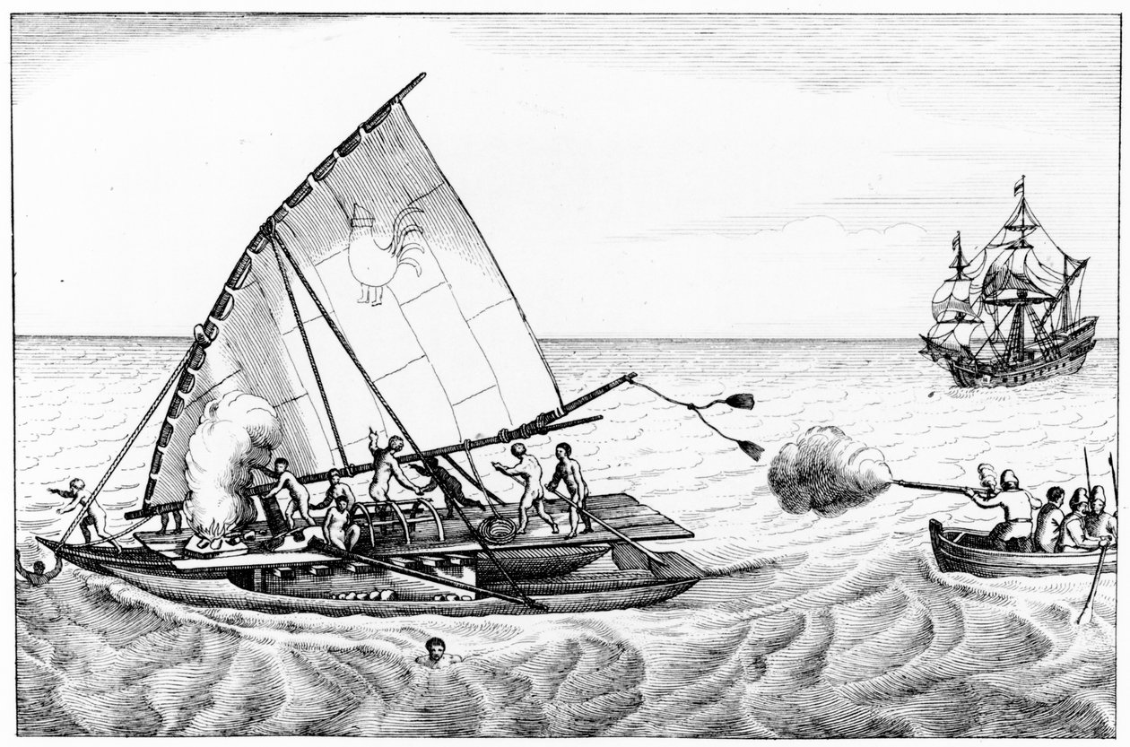 Een incident tijdens de wereldomzeiling van Le Maire en Schouten in 1615-16, uit Volume II van Chronological History of the Voyages and Discoveries in the South Sea door English School