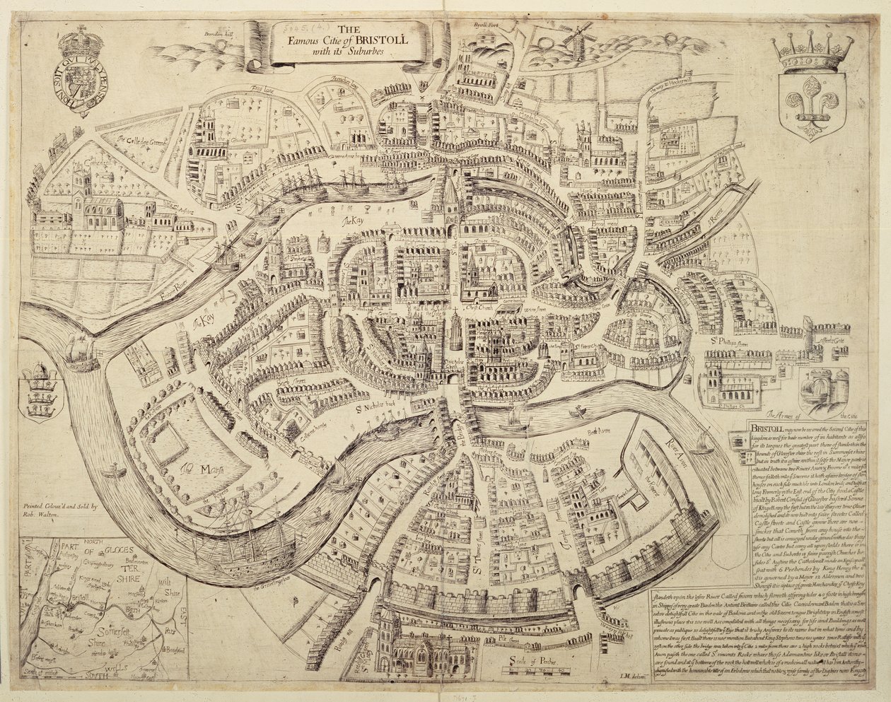 Oude Stadskaart van Bristol en zijn Voorsteden, gedrukt, gekleurd en verkocht door Robert Walton door English School