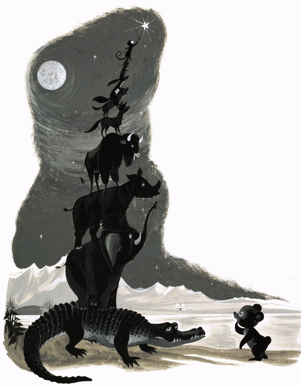 Boven elkaar gestapelde dieren (gouache op papier) door English School