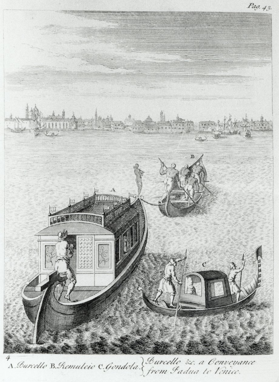 Venetië naderen over water vanuit Padua, uit Enkele Observaties Gemaakt tijdens Reizen door Frankrijk, Italië enz. in de jaren 1720-22 door Edward Wright, gepubliceerd 1730 door English School