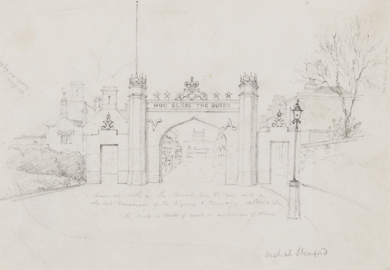 Boog in Stamford, opgericht om Koningin Victoria en Prins Albert te verwelkomen op weg naar Burghley House door English School