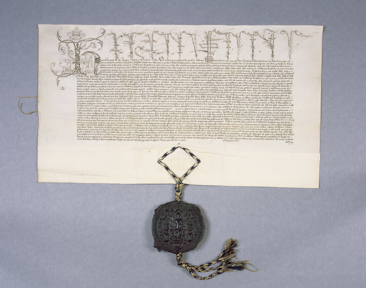 Archief 11980: Oorkonde die de schenking door koning Hendrik VI aan New College Oxford van de landgoederen van Newton Longville vastlegt, 1441 (inkt op perkament) door English School