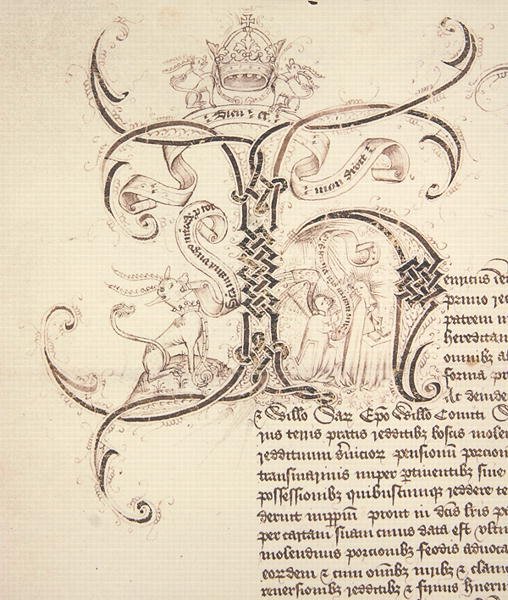 Versierde initiaal H van koninklijk charter waarin de schenking door koning Hendrik VI aan New College Oxford van de landgoederen van Newton Longville wordt vastgelegd door English School