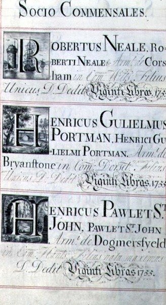 Pagina met drie weldoeners van New College, Oxford; Robertus Neale, Henricus Gulislmus Portman en Henricus Pawlet St. John door English School