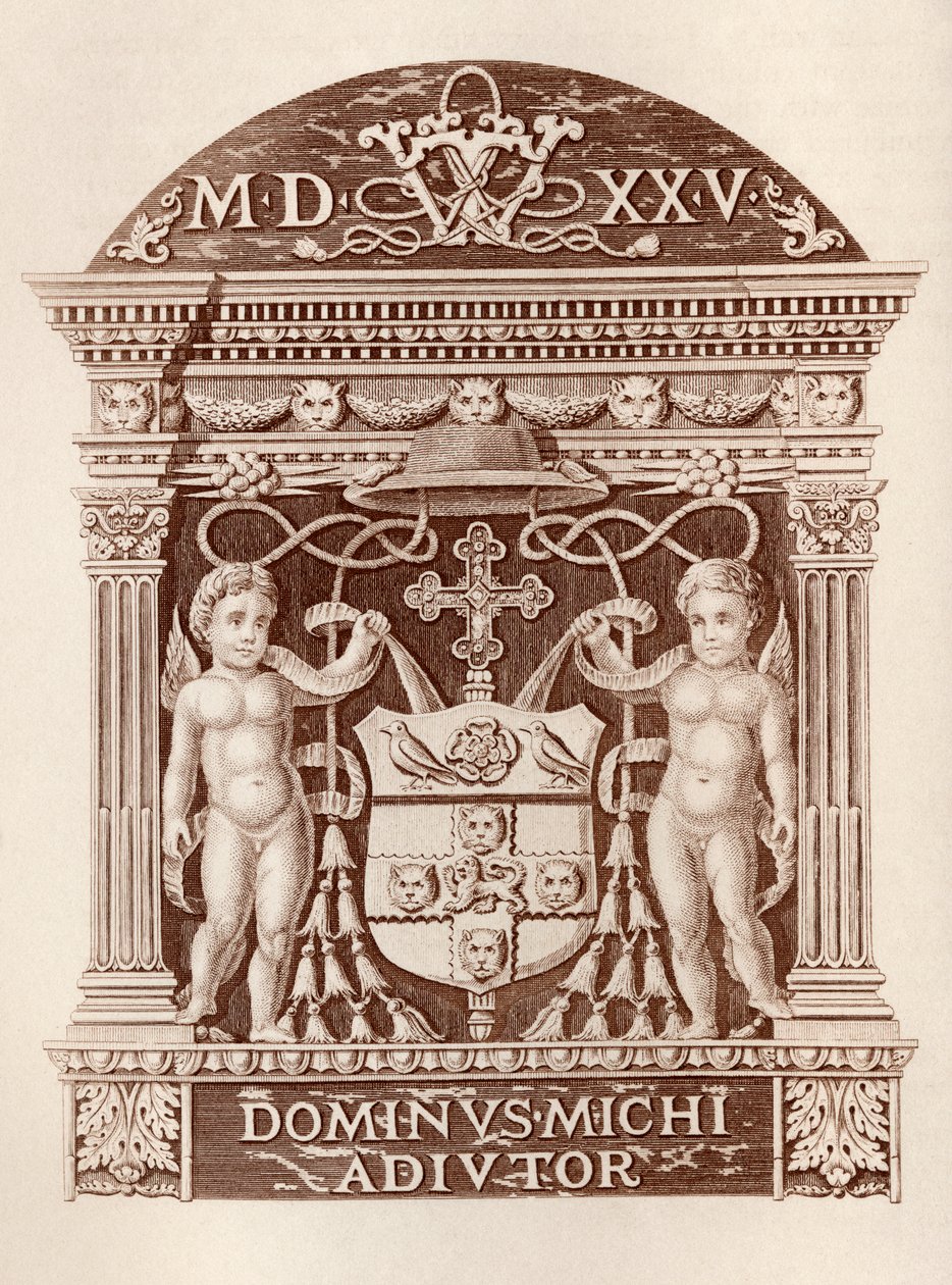 Wapens van kardinaal Wolsey in terracotta in Hampton Court Palace, uit Geschiedenis van Hampton Court Palace in Tudor-tijden door Ernest Law, gepubliceerd in Londen 1885 door English School