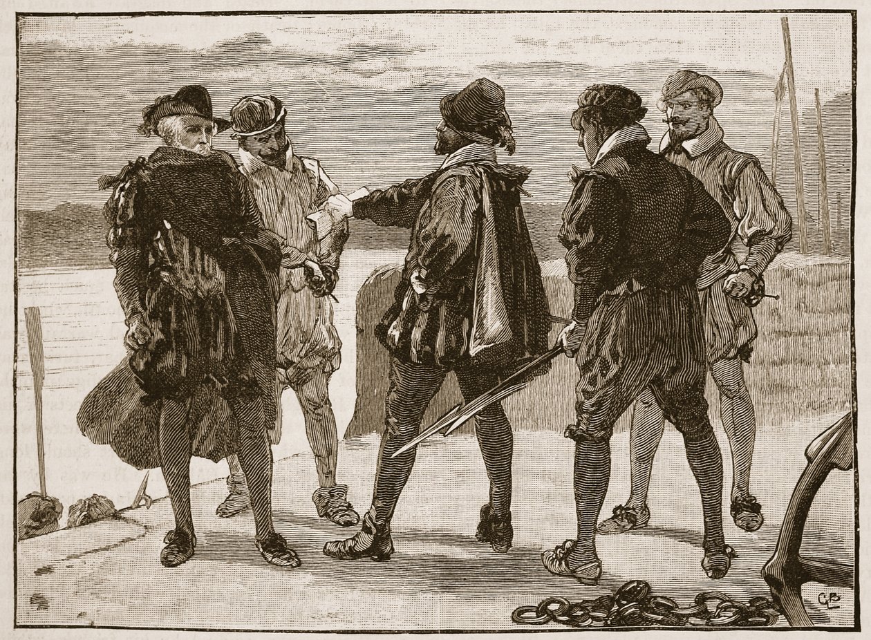 Arrestatie van Sir Walter Raleigh, illustratie uit Cassells Geïllustreerde Geschiedenis van Engeland door English School