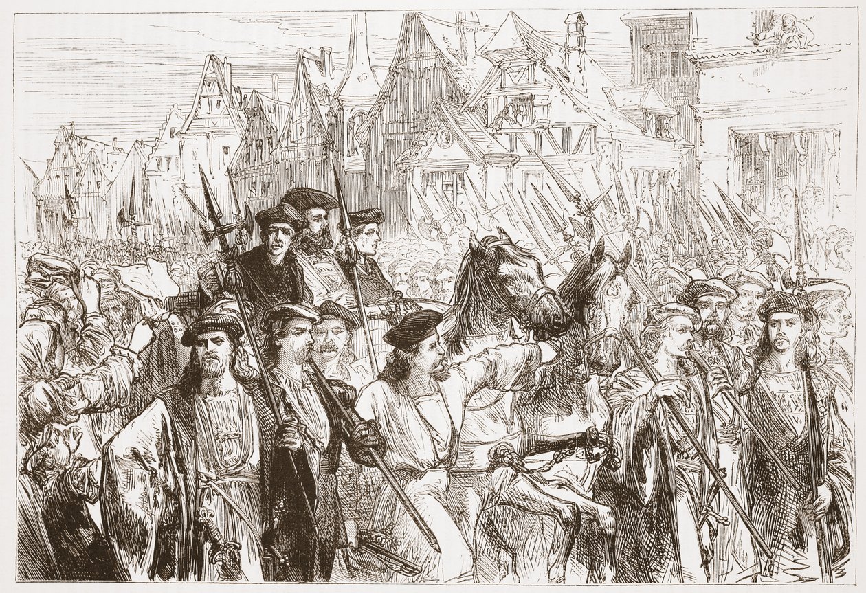 Aankomst van de Wittenbergse theologen in Leipzig, illustratie uit The History of Protestantism door James Aitken Wylie (1808-1890), gepubliceerd 1878 door English School