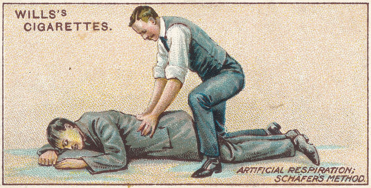 Kunstmatige ademhaling, Schafers methode, nr.25 uit de Eerste Hulp-serie van Willss Cigarettes kaarten door English School