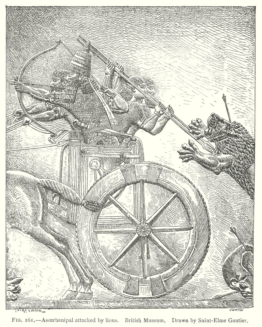 Assurbanipal aangevallen door leeuwen. Brits Museum (gravure) door English School