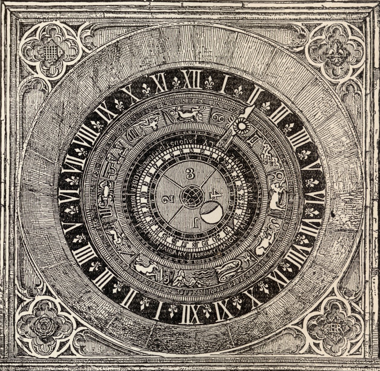 Astronomische klok in Hampton Court Palace, uit Geschiedenis van Hampton Court Palace in Tudor-tijden door Ernest Law, gepubliceerd in Londen 1885 door English School