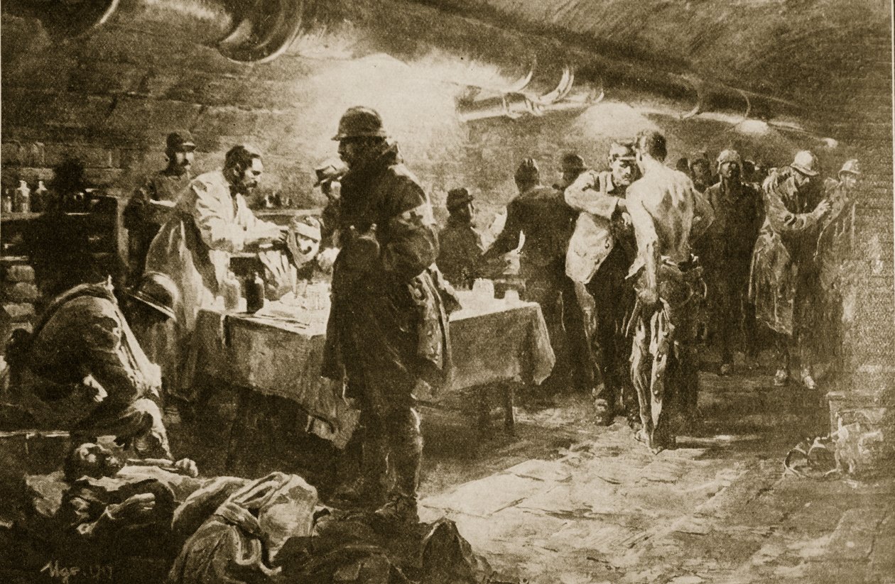 Aan het werk in een kelderhulppost onder een fort van Verdun door English School