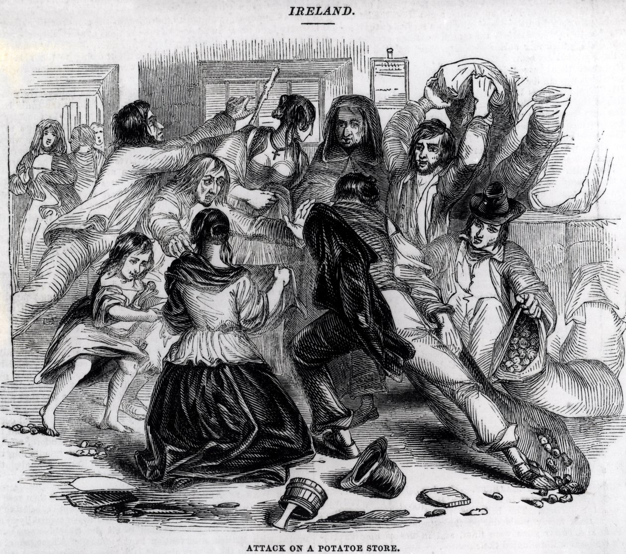 Aanval op een aardappelopslag in Ierland, ca. 1845 door English School