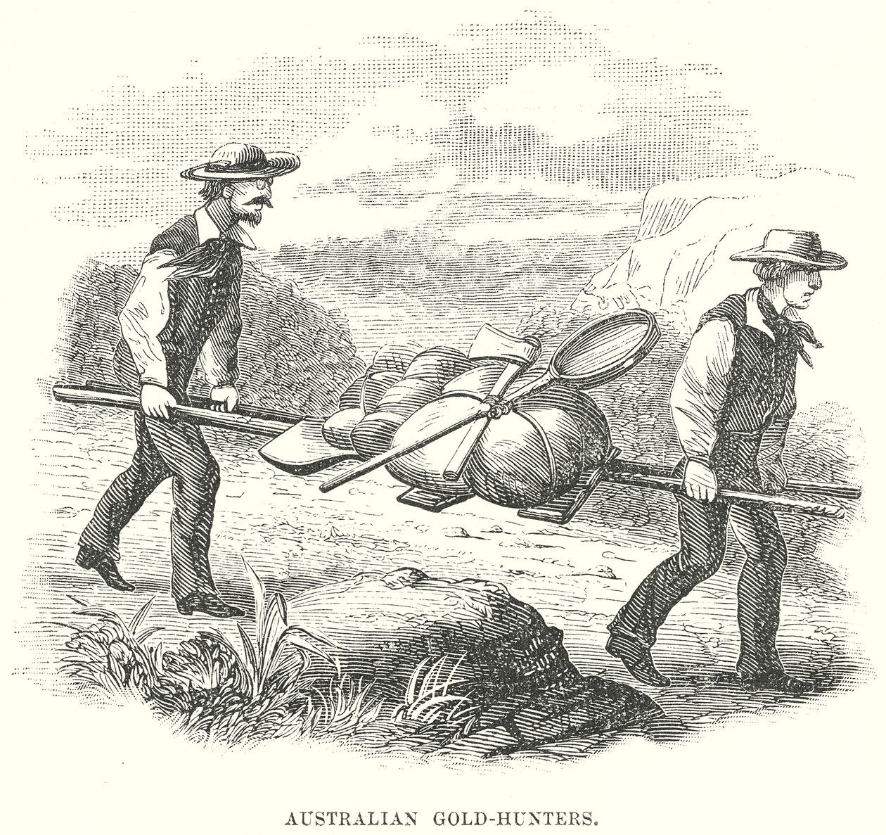 Australische goudjagers (gravure) door English School