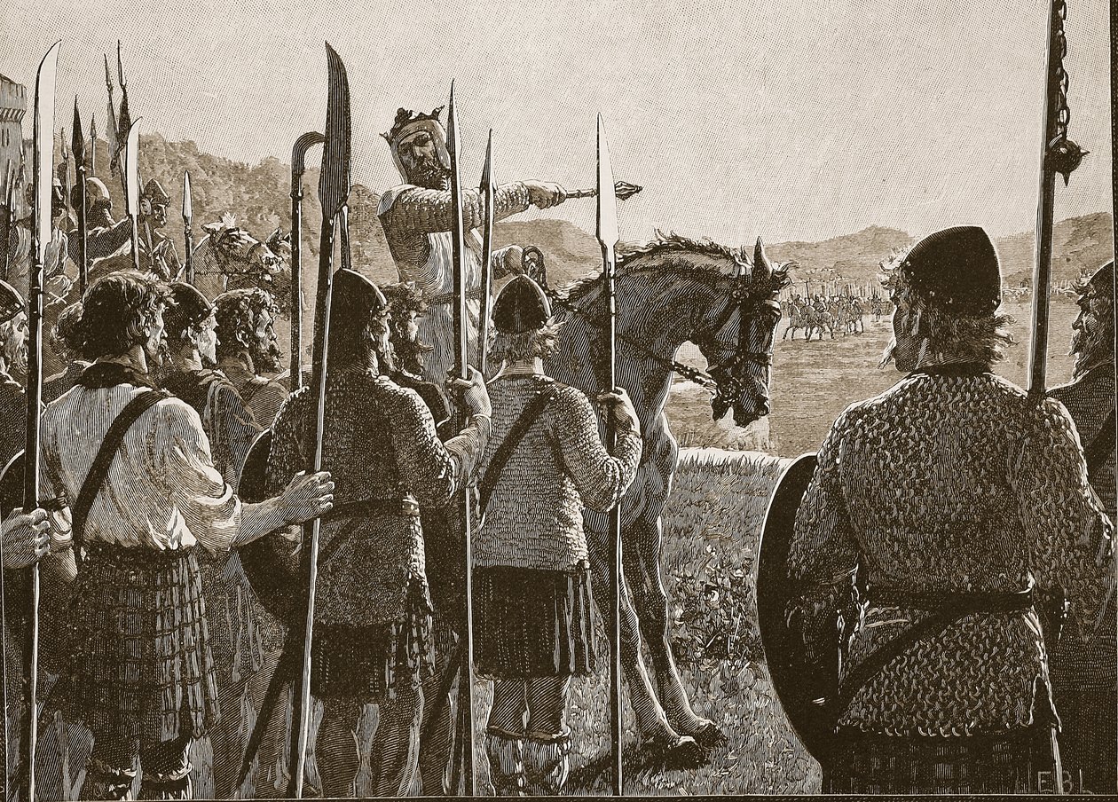 Bannockburn: Bruce inspecteert zijn troepen voor de slag, illustratie uit Cassells Geïllustreerde Geschiedenis van Engeland door English School