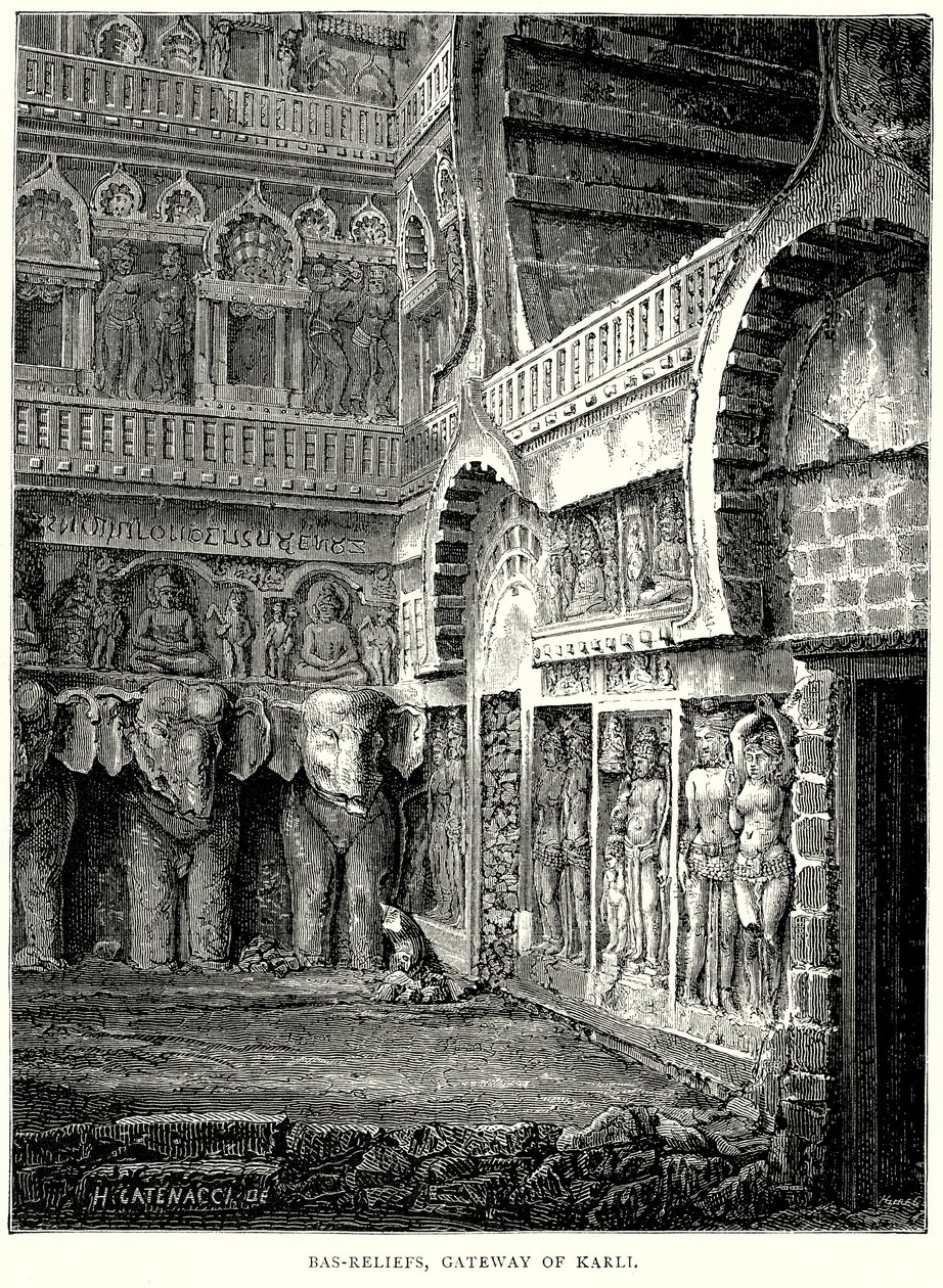 Bas-Reliefs, Poort van Karli (gravure) door English School