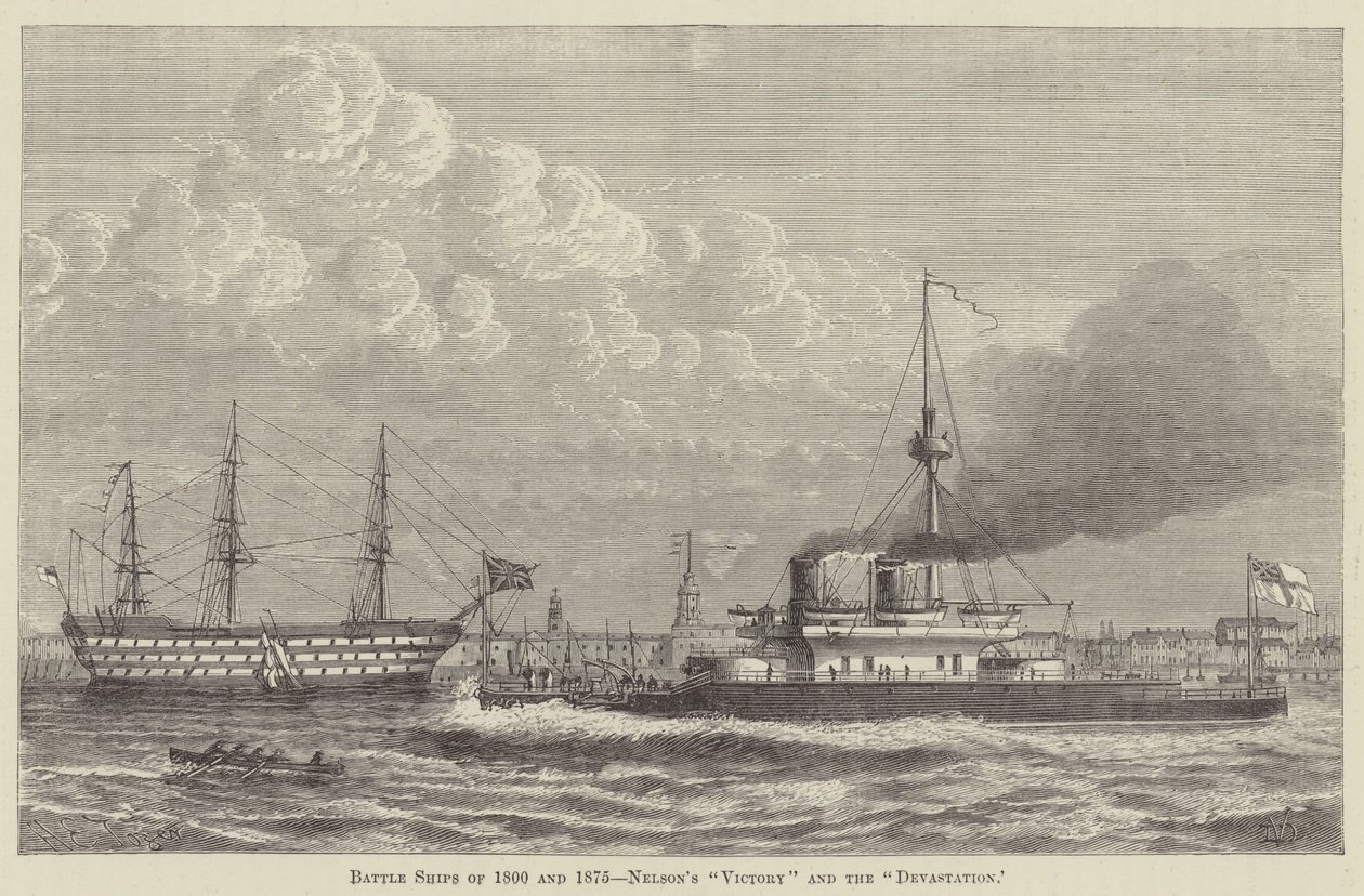 Slagschepen van 1800 en 1875, Nelsons "Victory" en de "Devastation" (gravure) door English School