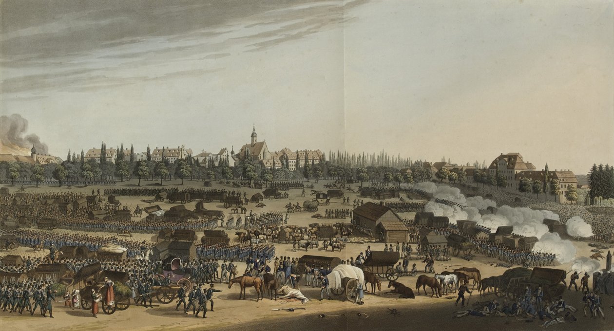 Slag bij Leipzig, 16-19 oktober 1813, uit Een geïllustreerd verslag van belangrijke gebeurtenissen in de annalen van Europa tijdens de jaren 1812, 1813, 1814 & 1815, 1815 (kleur aquatint) door English School