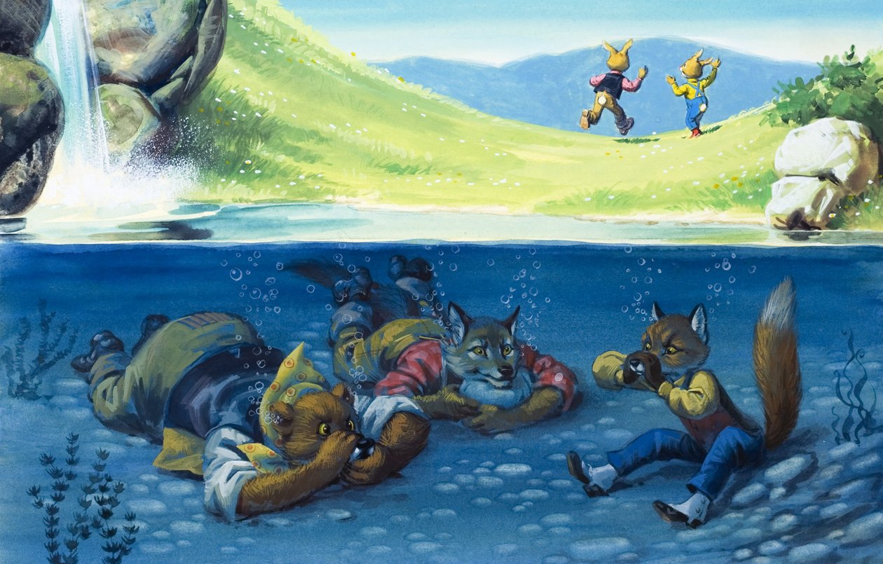 Beer, wolf en vos verstopt onder water (gouache op papier) door English School