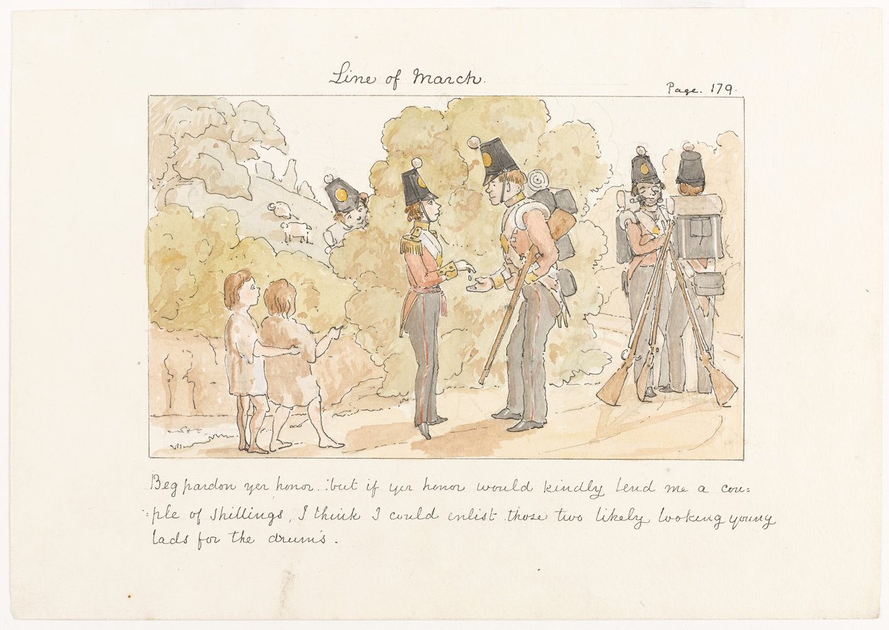 Beg Pardon, meneer, maar als u mij vriendelijk een paar shillings zou willen lenen, denk ik dat ik die twee veelbelovende jonge jongens voor de drums zou kunnen werven, ca. 1850 (aquarel op papier) door English School
