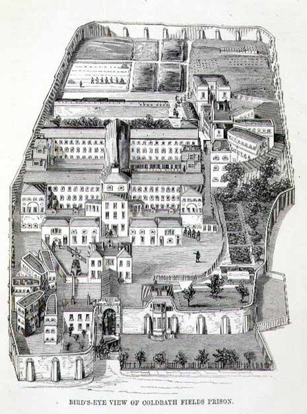 Vogelvlucht van Coldbath Fields Prison, uit 