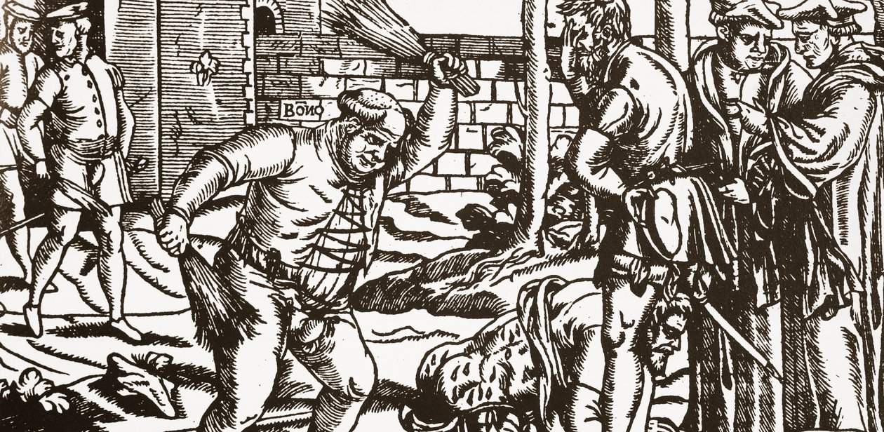 Bisschop Bonner slaat zijn gevangene, John Willes, in de boomgaard van zijn paleis in Fulham door English School