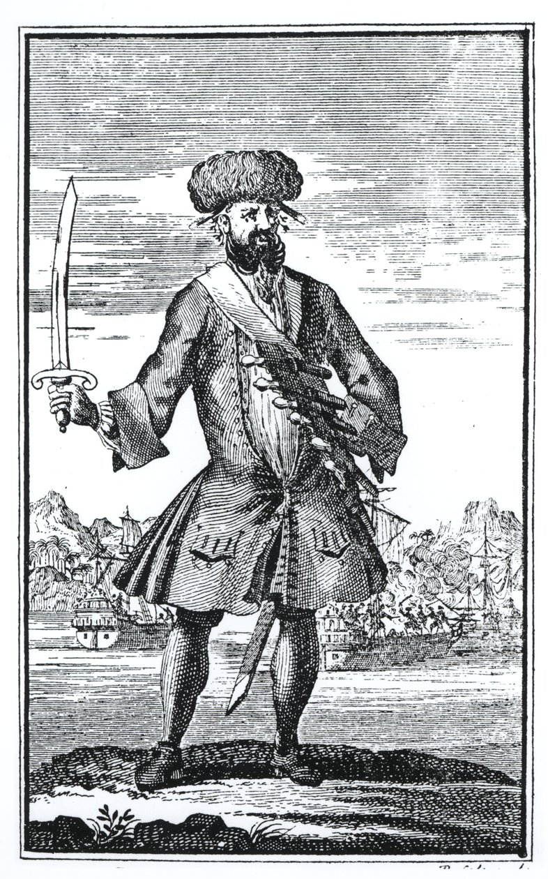 Zwartbaard de Piraat, uit A General History of the Robberies and Murders of the most Notorious Pyrates door Kapitein Charles Johnson, gepubliceerd 1724 door English School