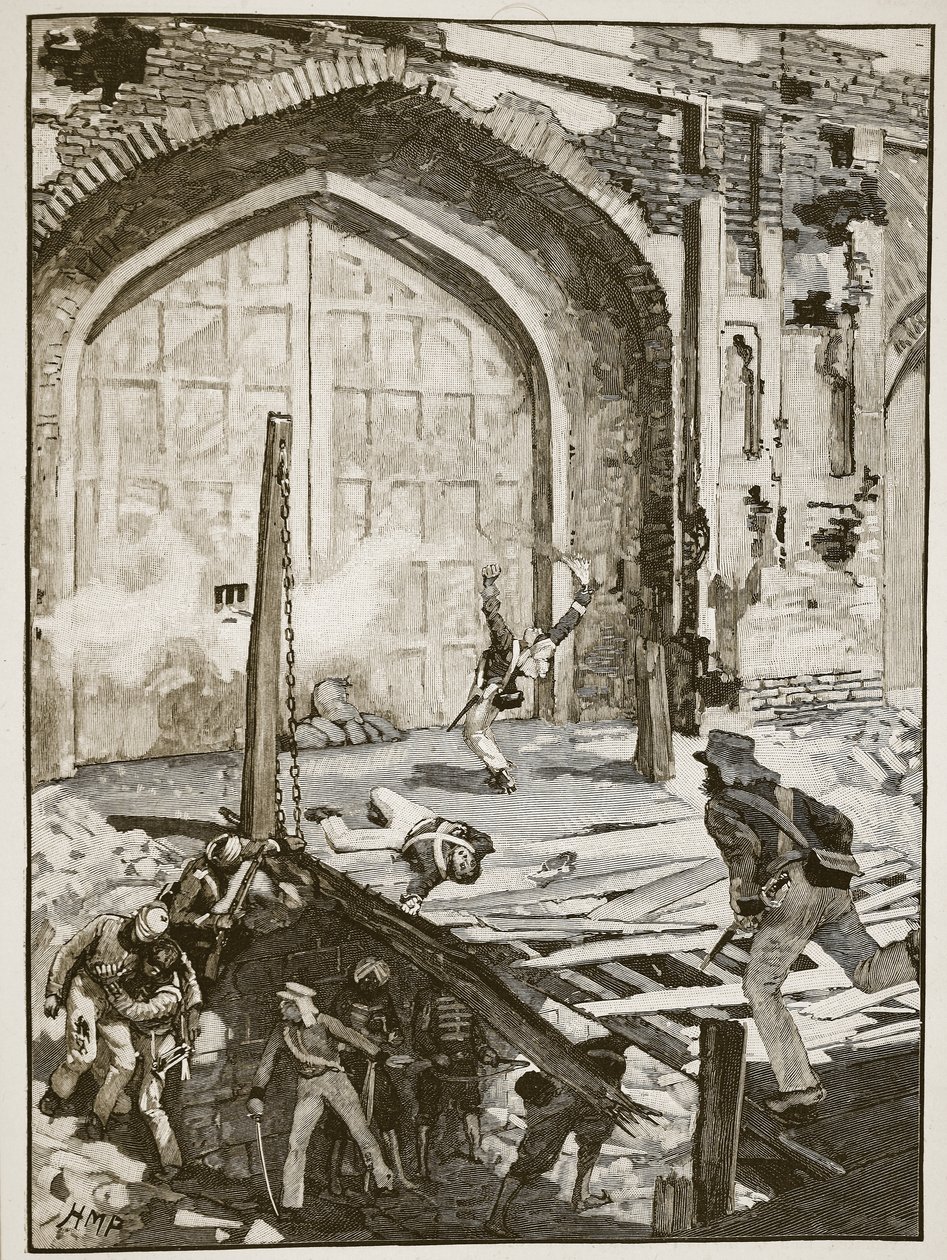 Opblazen van de Cashmere-poort in Delhi, illustratie uit Cassells Illustrated History of England door English School