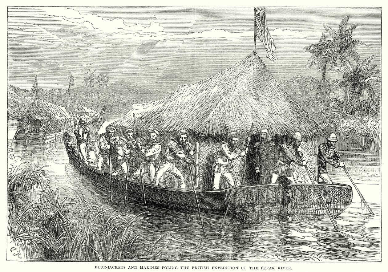Blauwjassen en mariniers polsen de Britse expeditie de Perak rivier op (gravure) door English School