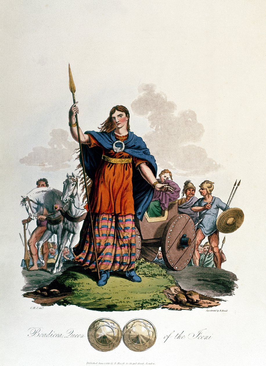 Boudica, koningin van de Iceni, ontworpen door C.H.S., gegraveerd door Richard Havell de Oudere, gepubliceerd 1815 door English School