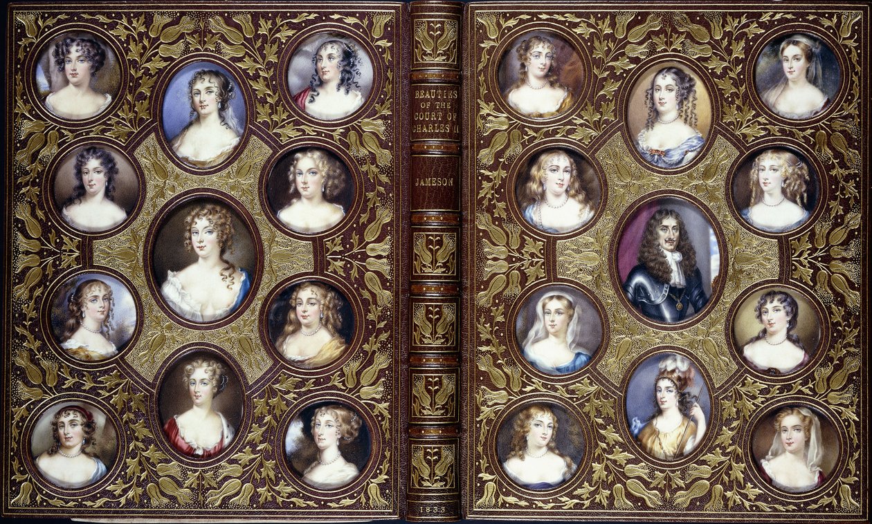 Boekomslag met tweeëntwintig portretminiaturen van Karel II en de mooie vrouwen van zijn hof, 1833 door English School
