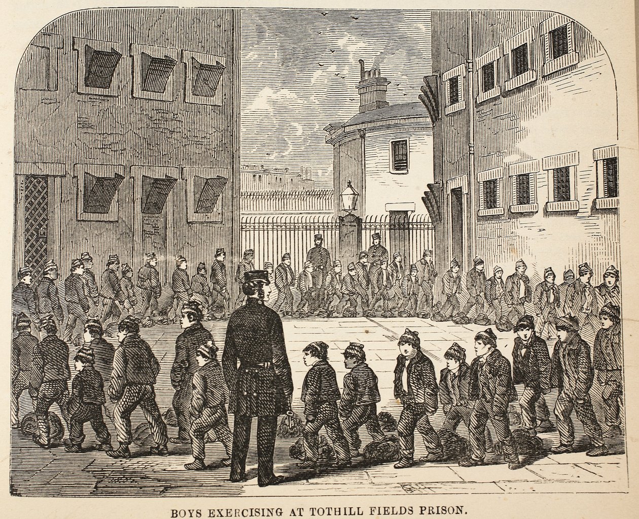 Jongens aan het oefenen in Tothill Fields Prison, illustratie uit The Criminal Prisons of London and Scenes from Prison Life door Henry Mayhew en John Binny, uitgegeven in 1862 door English School