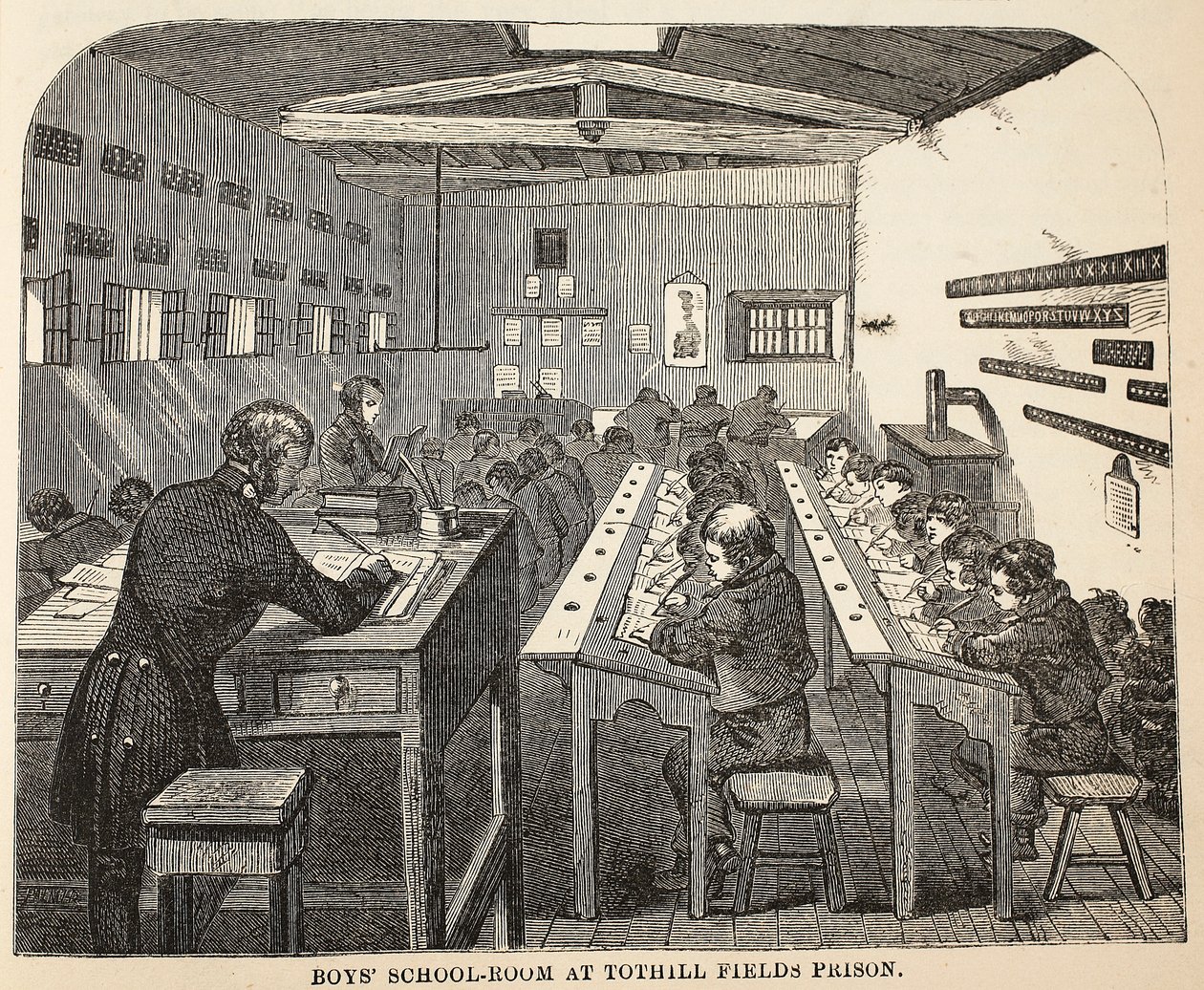 Jongensschool in Tothill Fields Prison, illustratie uit The Criminal Prisons of London and Scenes from Prison Life door Henry Mayhew en John Binny, uitgegeven in 1862 door English School