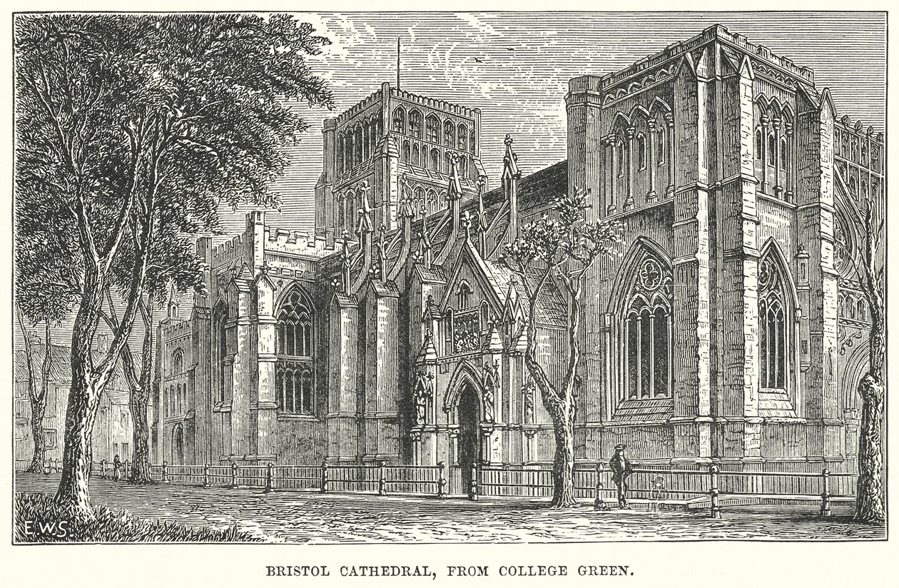Bristol Cathedral, vanaf College Green (gravure) door English School