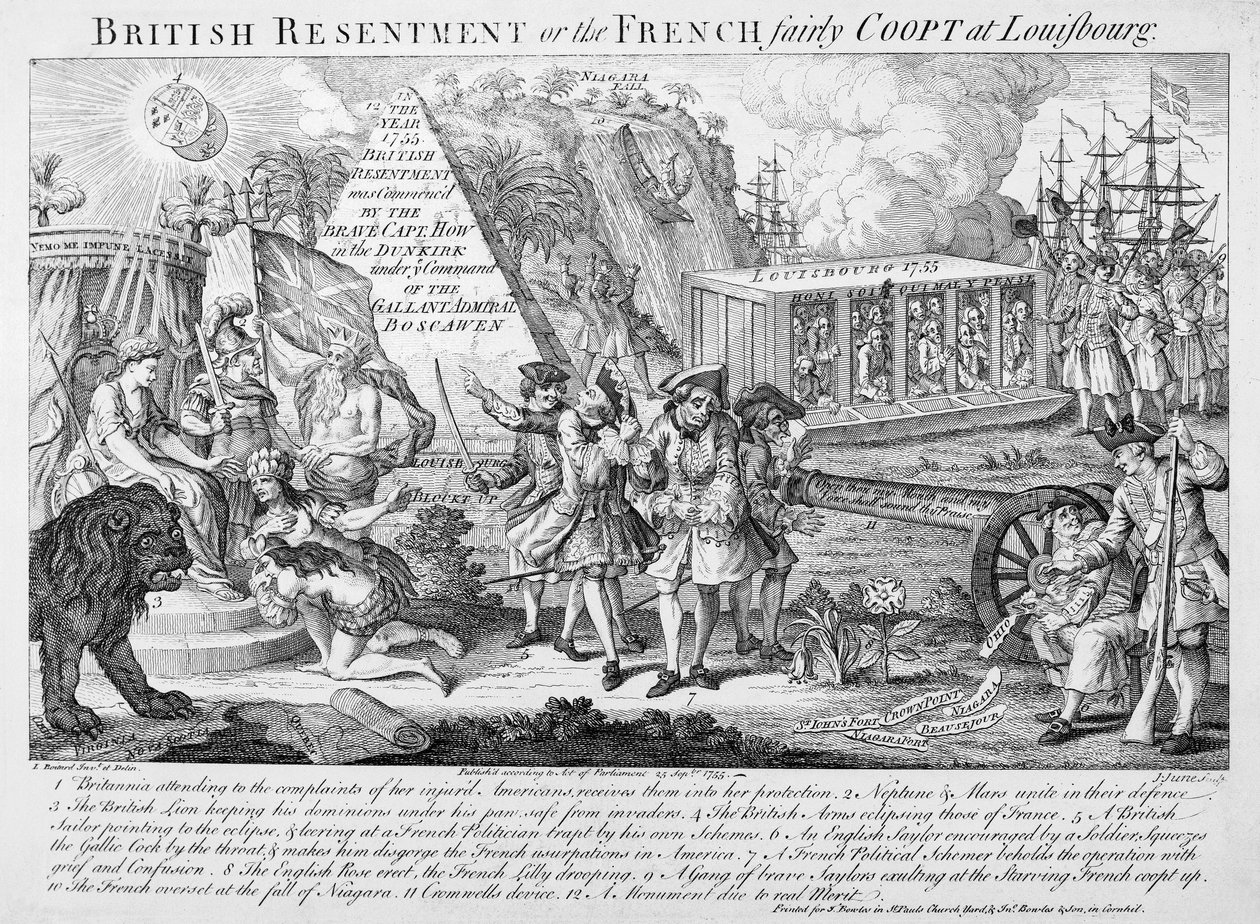 Britse wrok of, de Fransen eerlijk gevangen in Louisbourg, gepubliceerd 25 september 1755 door English School