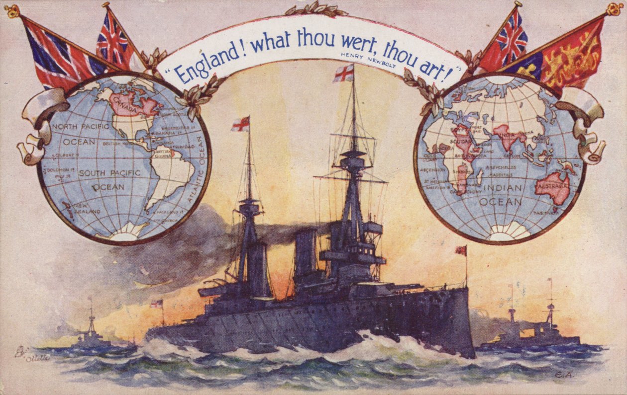 Brits slagschip met kaarten en vlaggen van het Britse Rijk (kleurenlitho) door English School