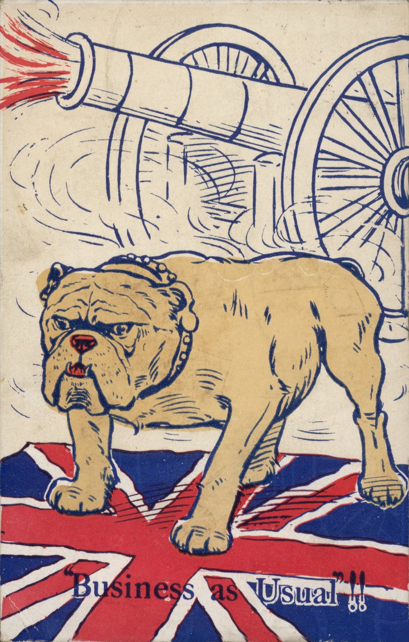 Britse bulldog staand op de union flag en met een kanon dat afvuurt (kleurenlitho) door English School
