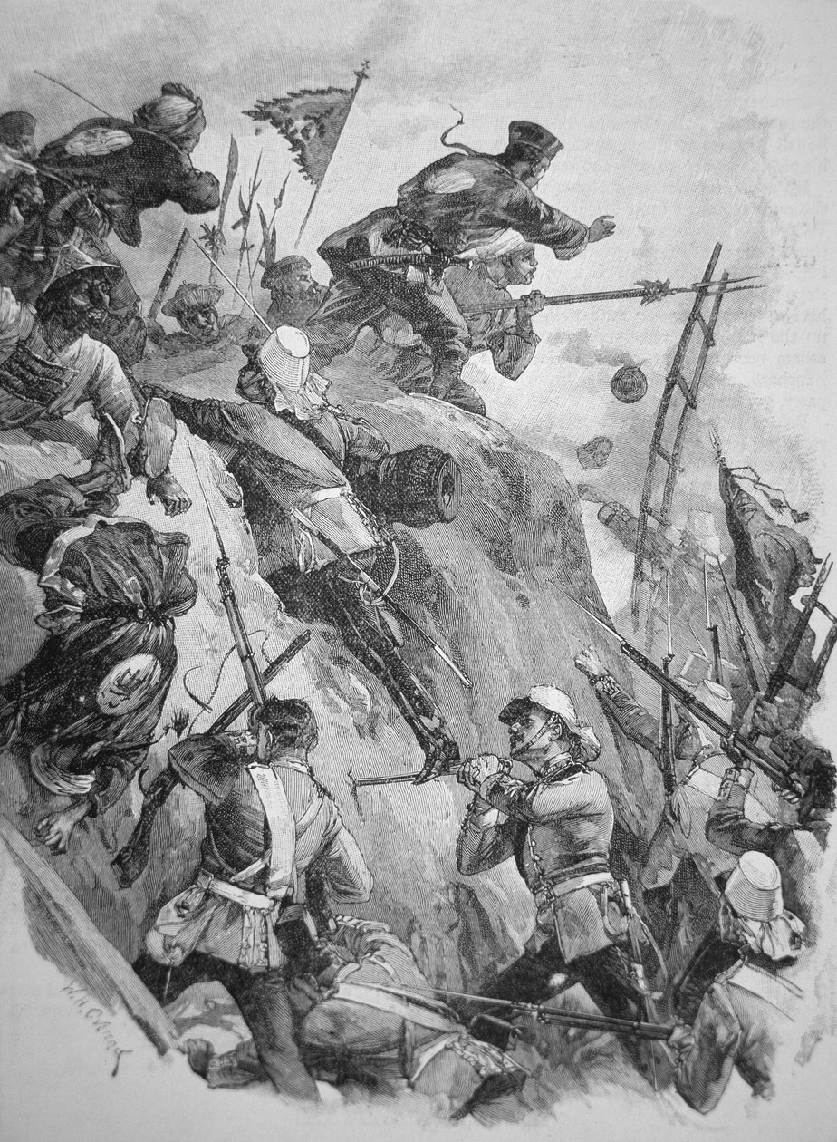 Britse troepen bestormen de Taku-forten in China in 1860 tijdens de Opiumoorlogen door English School