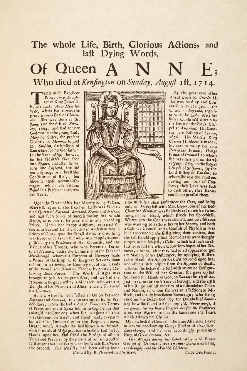 Pamflet gepubliceerd bij de dood van koningin Anne, op zondag 1 augustus 1714 door English School