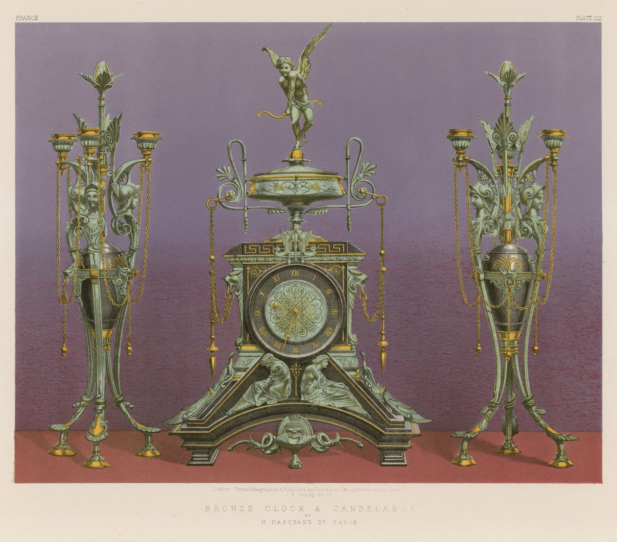 Bronzen klok en kandelaars van M Marchand uit Parijs (chromolitho) door English School