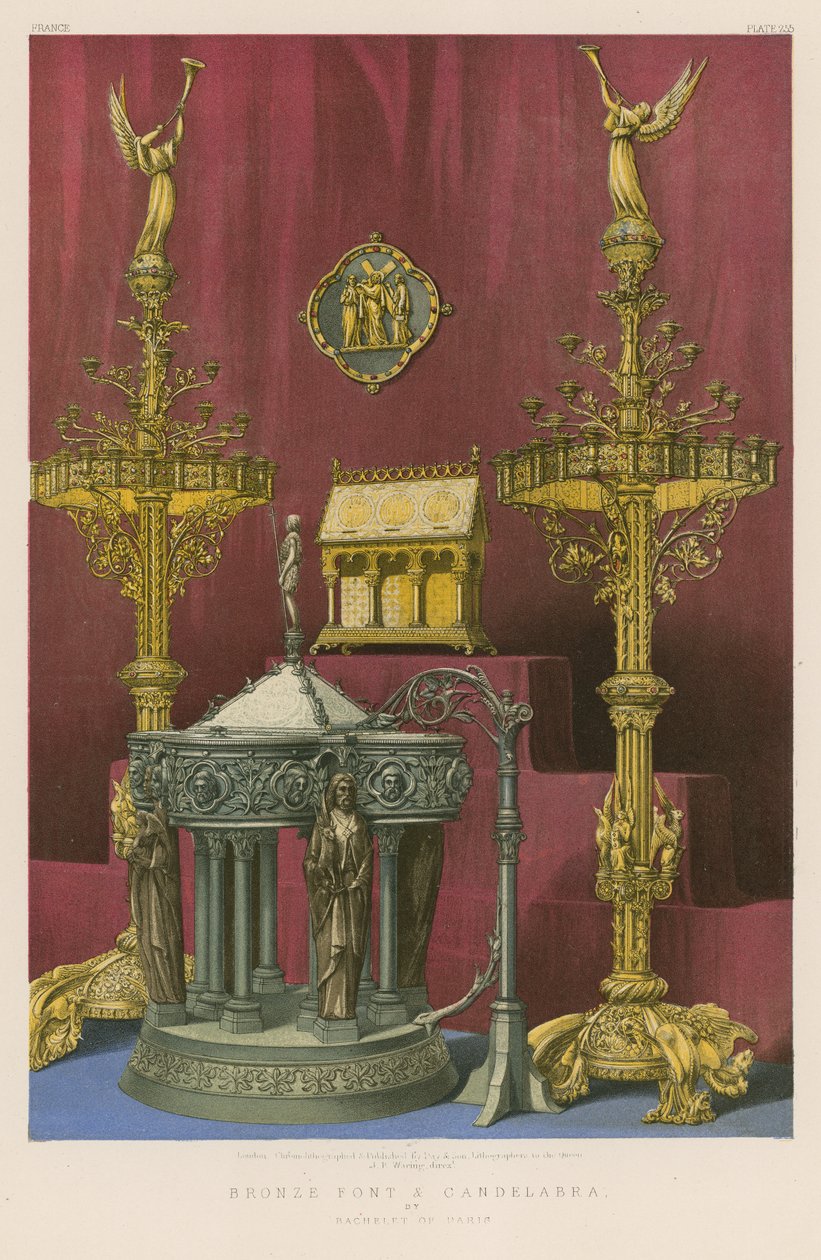 Bronzen doopvont en kandelaars van Bachelet uit Parijs (chromolitho) door English School