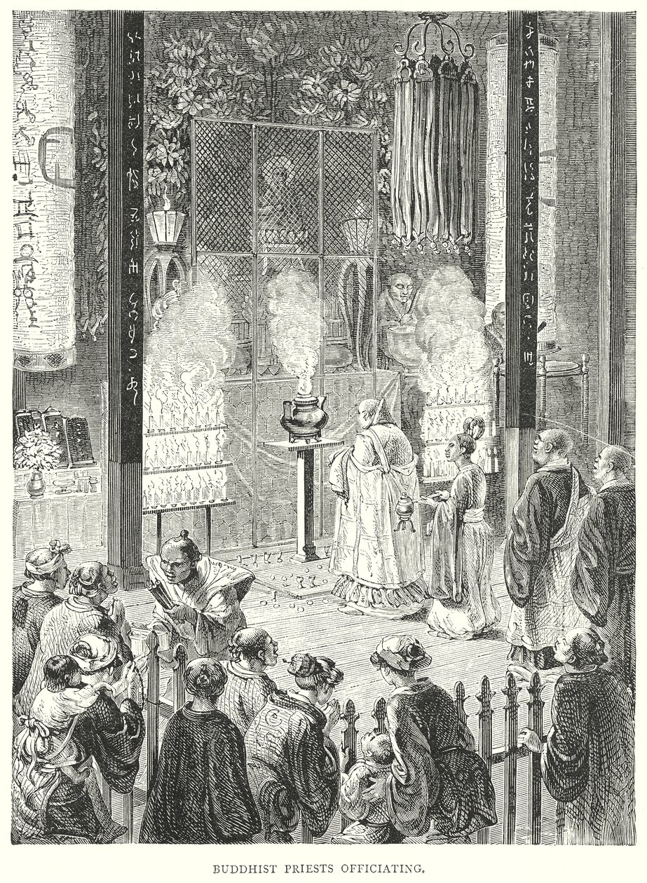 Boeddhistische priesters officiëren (gravure) door English School